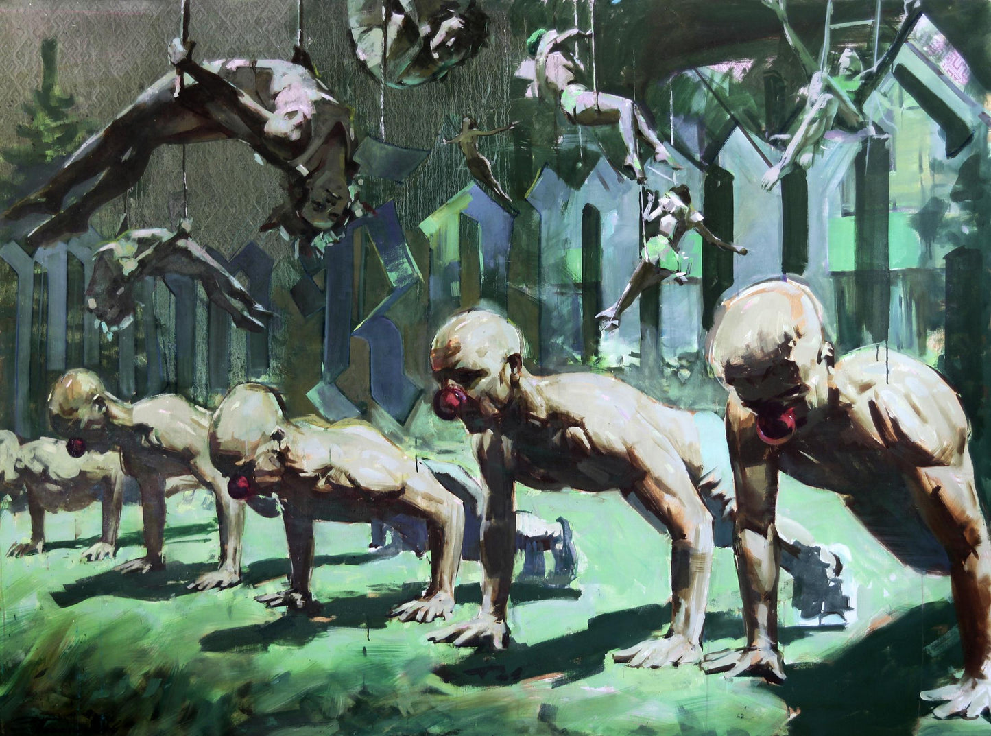 Surreal oil painting by Ed Potapenkov: muscular bald red-nose figures doing push-ups on grass