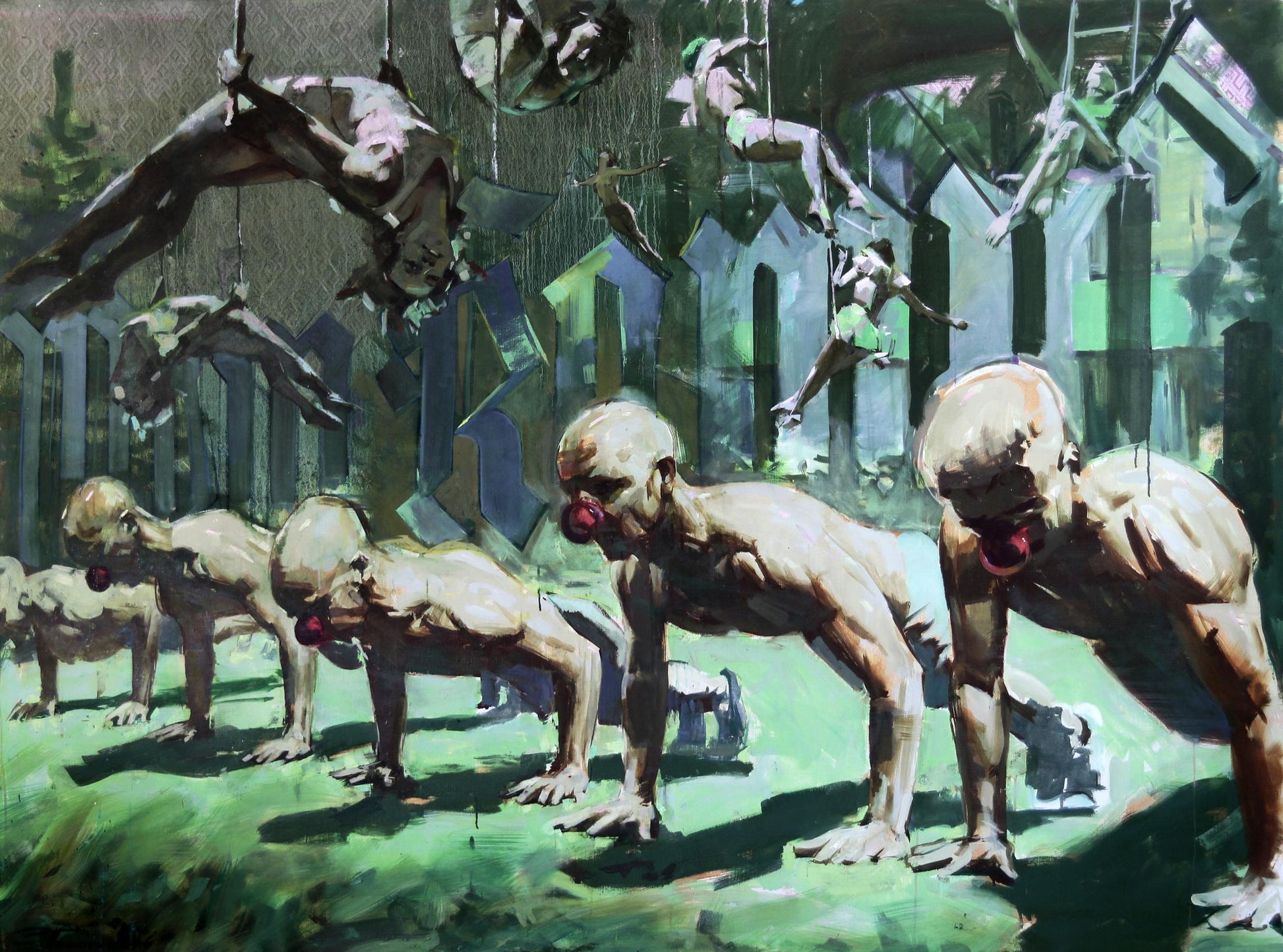 Surreal oil painting by Ed Potapenkov: muscular bald red-nose figures doing push-ups on grass