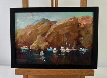 Oil painting Sails against mountains by Yuriy Suprunchuk, harbor boats and cliffs