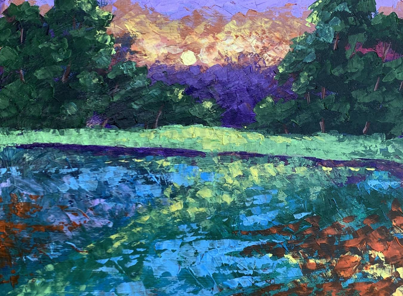 Vibrant impressionist oil painting of sunset behind trees by V. Zadorozhnya