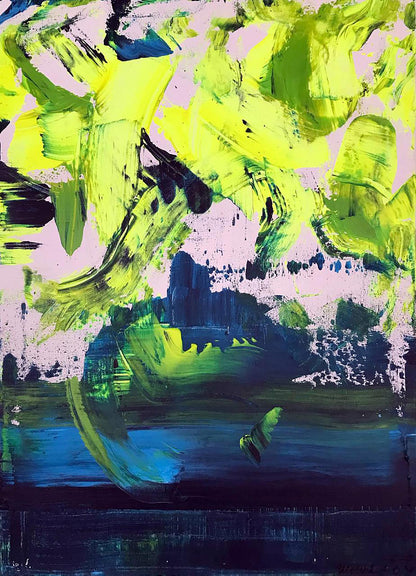 Vibrant Orgasmic Life acrylic painting by Olga Melezhik, bold green yellow blue strokes