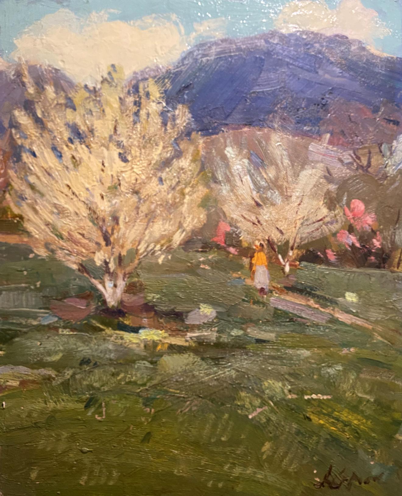 Oil painting Spring in Y. by Arkady Strelov with orange figure in field