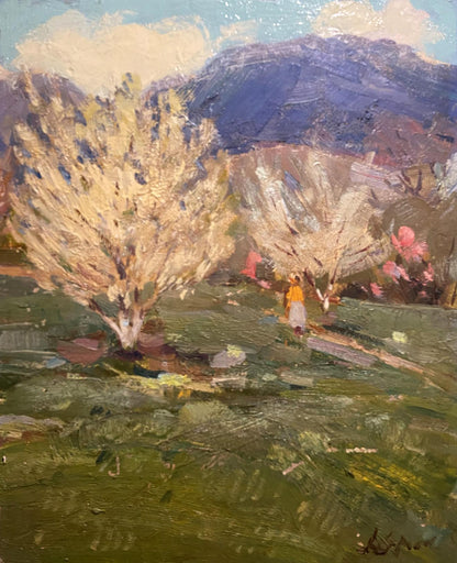 Oil painting Spring in Y. by Arkady Strelov with orange figure in field