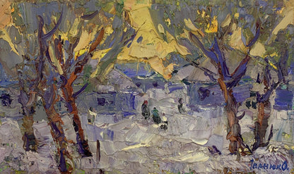 Oil painting Bright winter sunset over the village Alex Ivanyuk