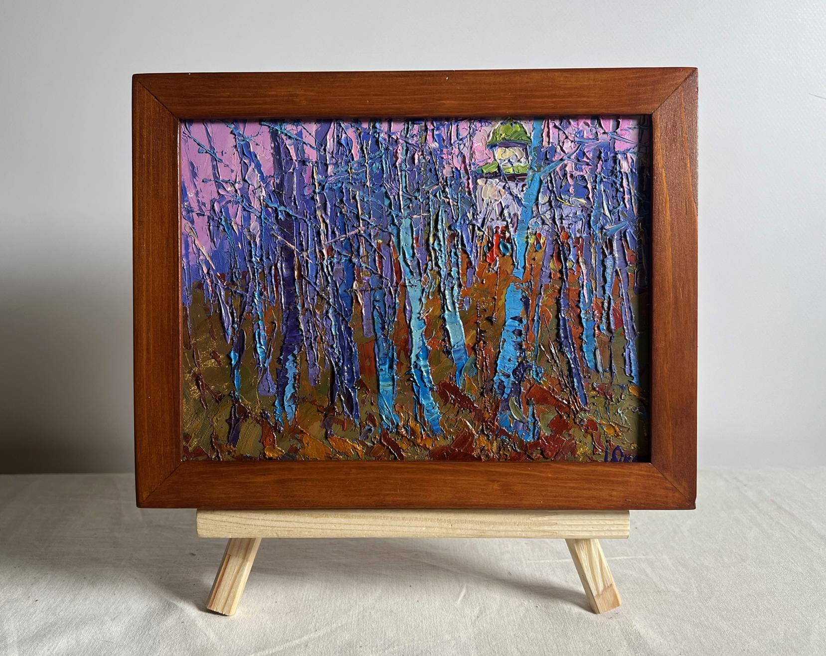 Oil painting Autumn coolness in the forest by Oksana Ivanyuk, purple blue trees pink sky