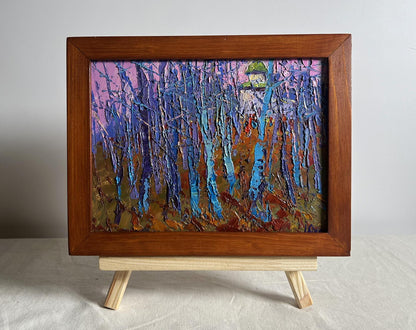 Oil painting Autumn coolness in the forest by Oksana Ivanyuk, purple blue trees pink sky