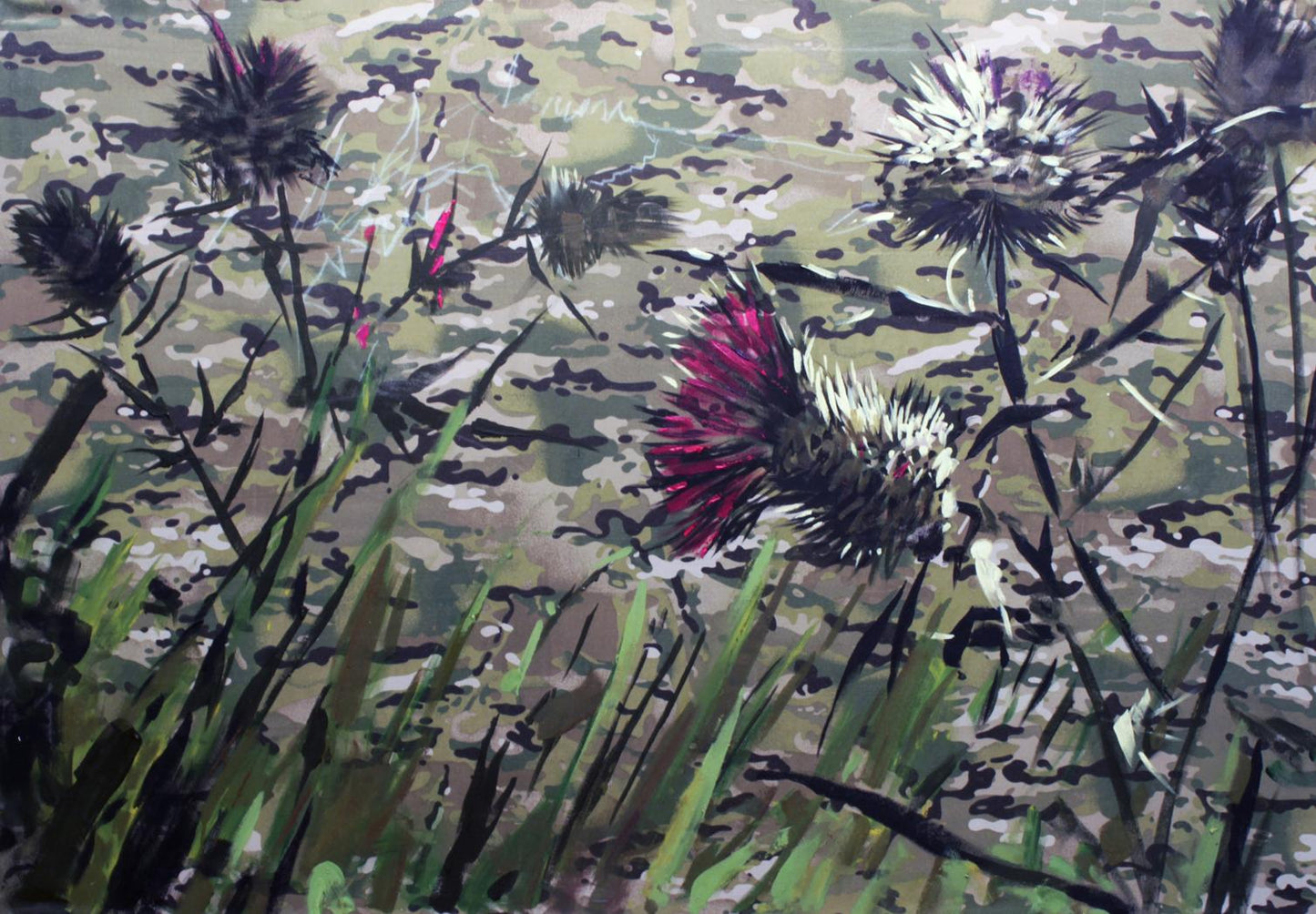 Vibrant red thistle oil painting by Ed Potapenkov among green grass