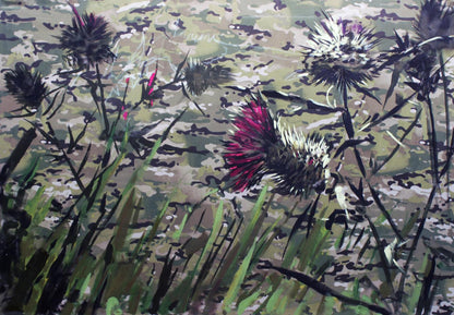 Vibrant red thistle oil painting by Ed Potapenkov among green grass