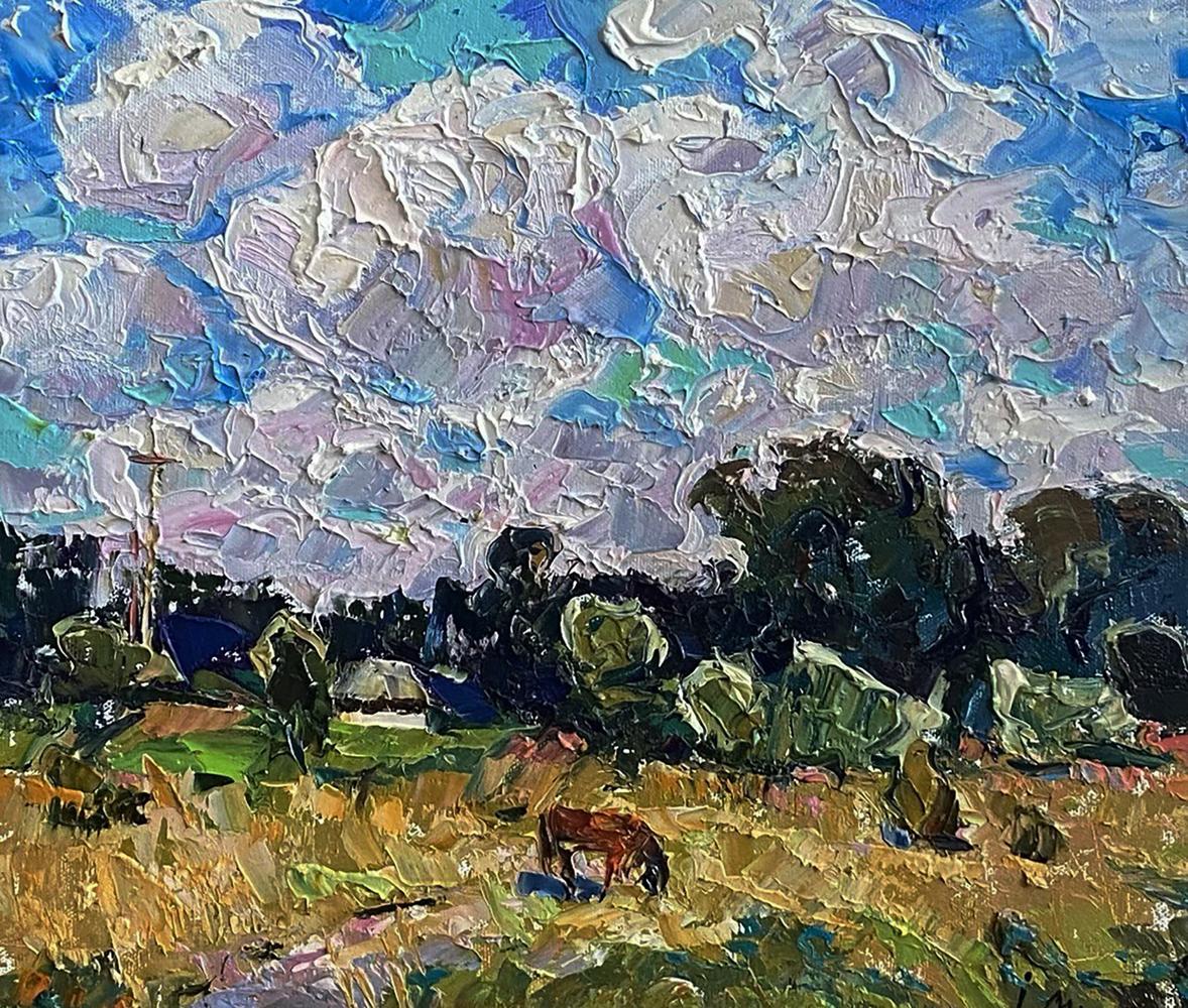Impressionistic oil painting of horse grazing in field by Oleksiy Ivanyuk