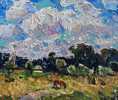 Impressionistic oil painting of horse grazing in field by Oleksiy Ivanyuk