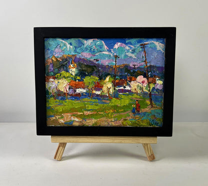 Oil painting Quiet Fields Under the Open Sky by Oksana Ivanyuk in black frame