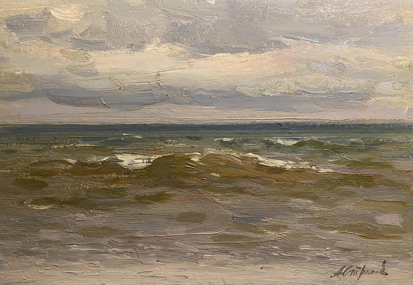 Oil painting Sea in December by Arkady Strelov: turbulent green-brown waves