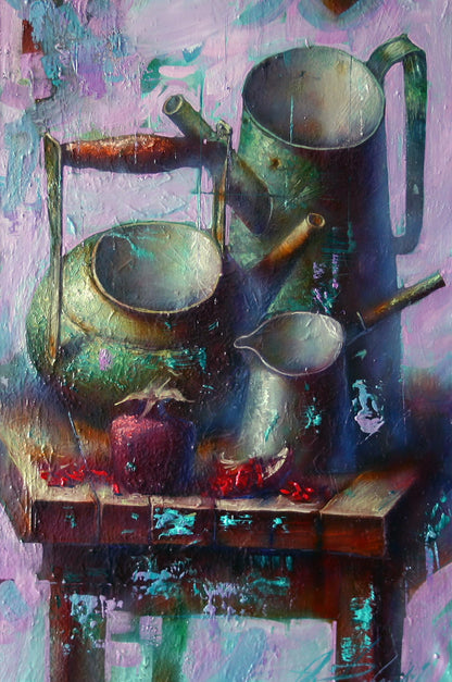 Oil painting of verdigris-green tea kettle by Alexander Dobrodiy