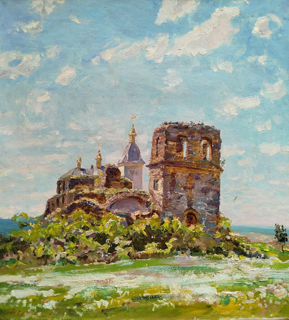 Oil painting of Ancient castle by Leonid Pavlenko: weathered stone ruins with golden domes