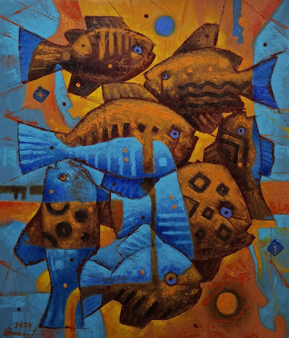 Vibrant Gold Fish Parade oil painting by Sergiy Voichenko