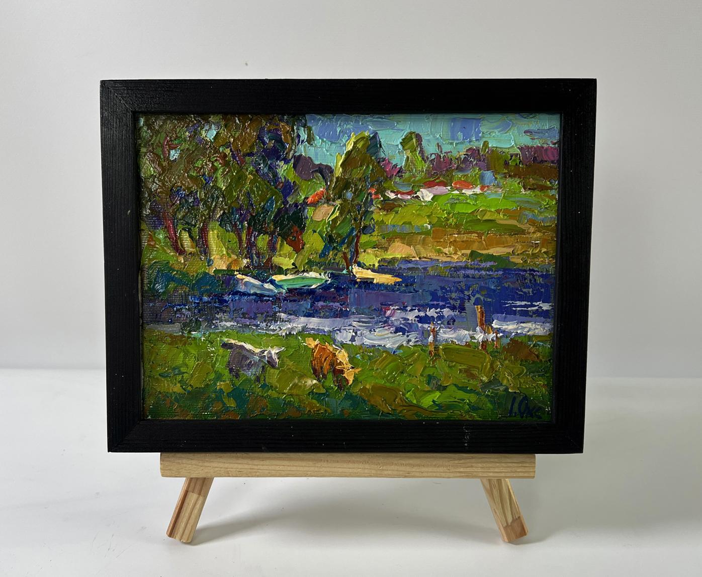 Oil painting Near the river by Oksana Ivanyuk, cows grazing by river in frame