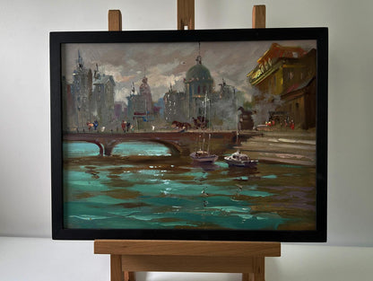 Oil painting of busy city streets by Yuriy Suprunchuk in black frame