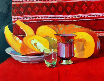 Oil painting Still life with pumpkin and drink by Anastasia Yaroshevich on red geometric tablecloth