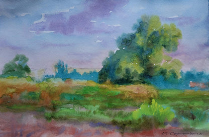 Watercolor painting August summer day by Boris Serdyuk with green trees and purple sky