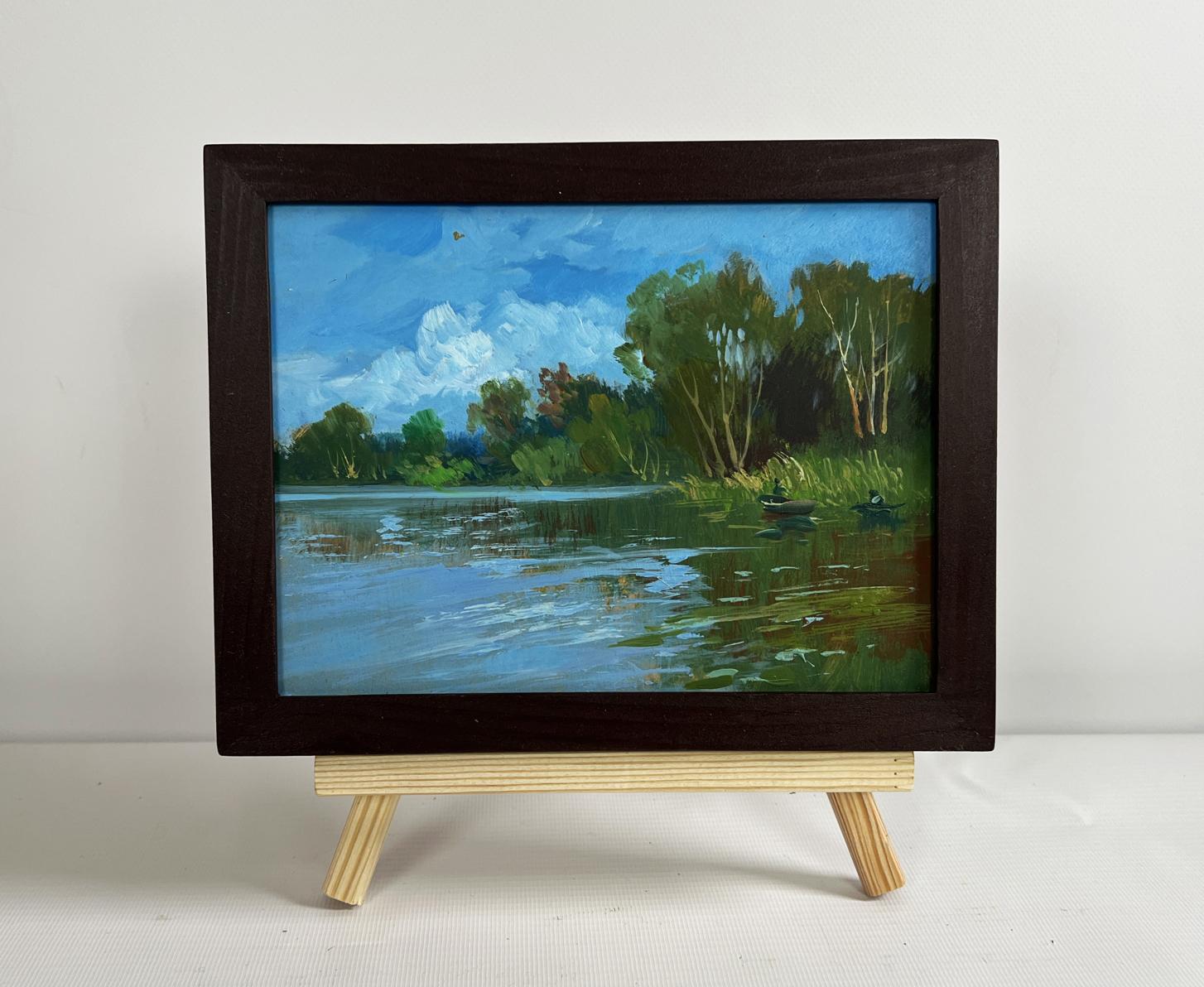 Oil painting River in green embrace by Yuriy Suprunchuk lakeside scene