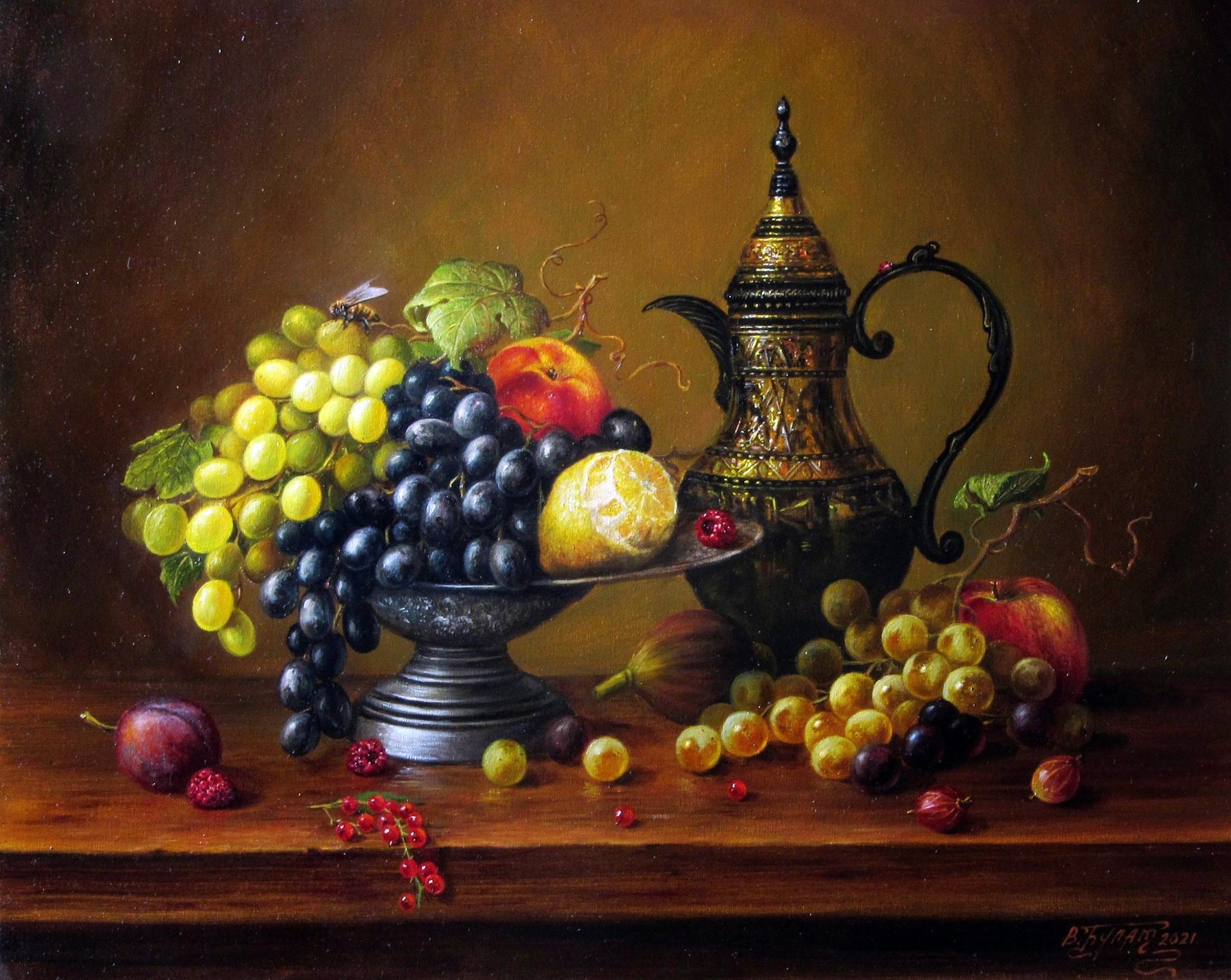 Ornate dark metal pitcher with gold detailing in Fruits of the Earth Valeriy Bulat oil painting