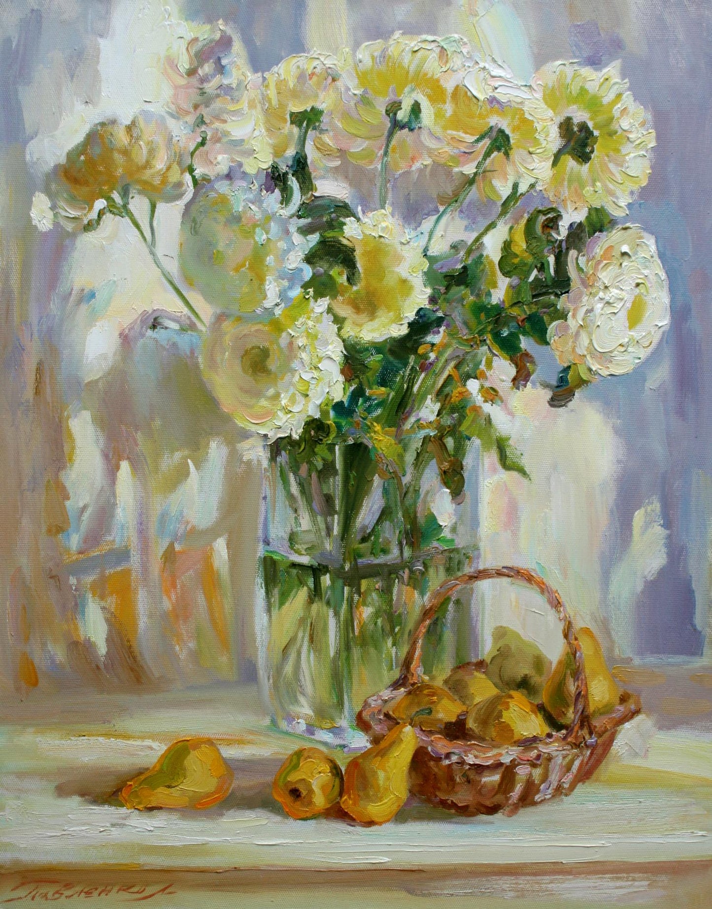 Oil painting Autumn sun by Leonid Pavlenko: yellow white flowers bouquet in vase