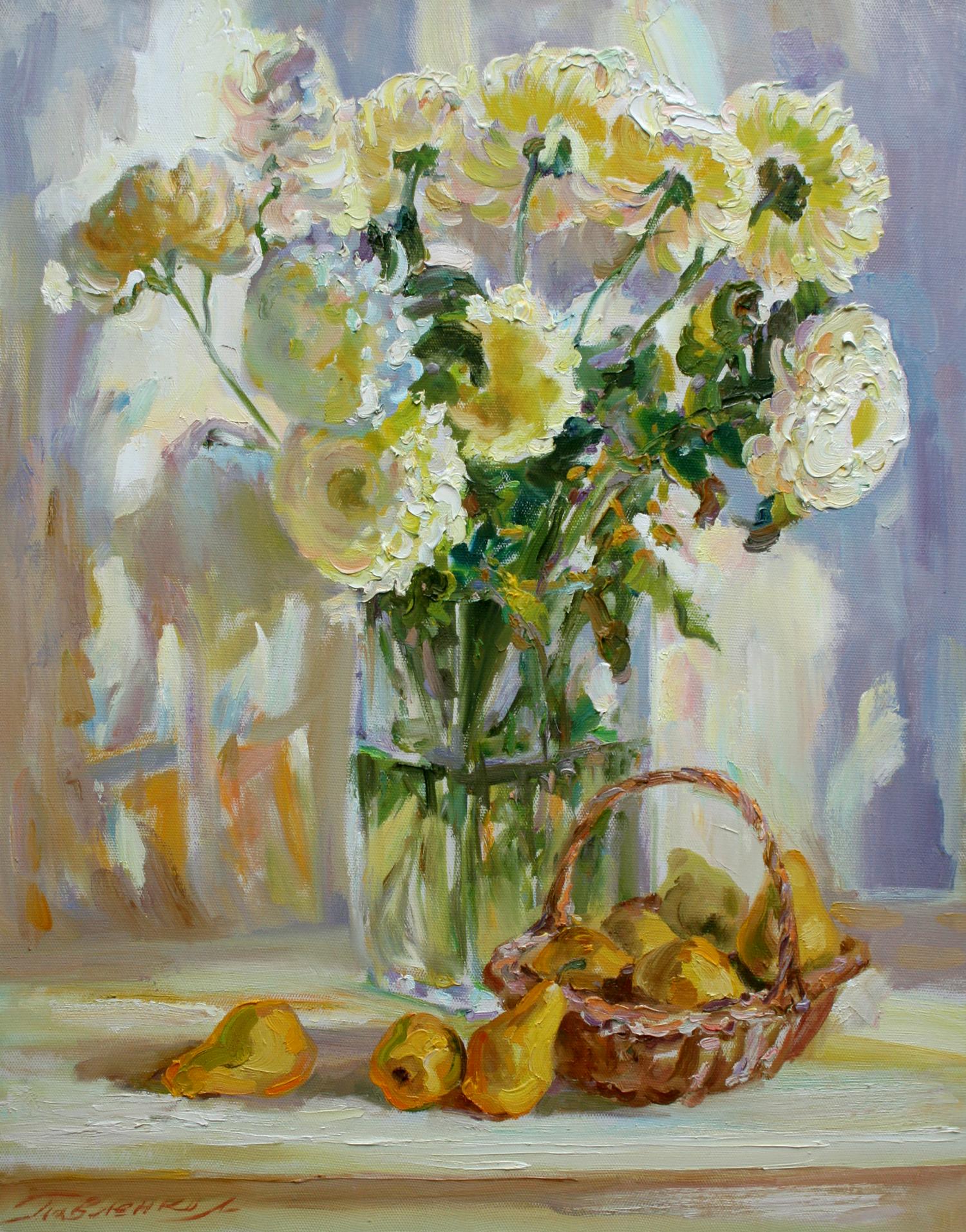 Oil painting Autumn sun by Leonid Pavlenko: yellow white flowers bouquet in vase