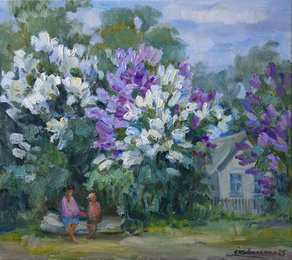 Oil painting Quiet conversations of the village by Ivan Kovalenko lilac bush