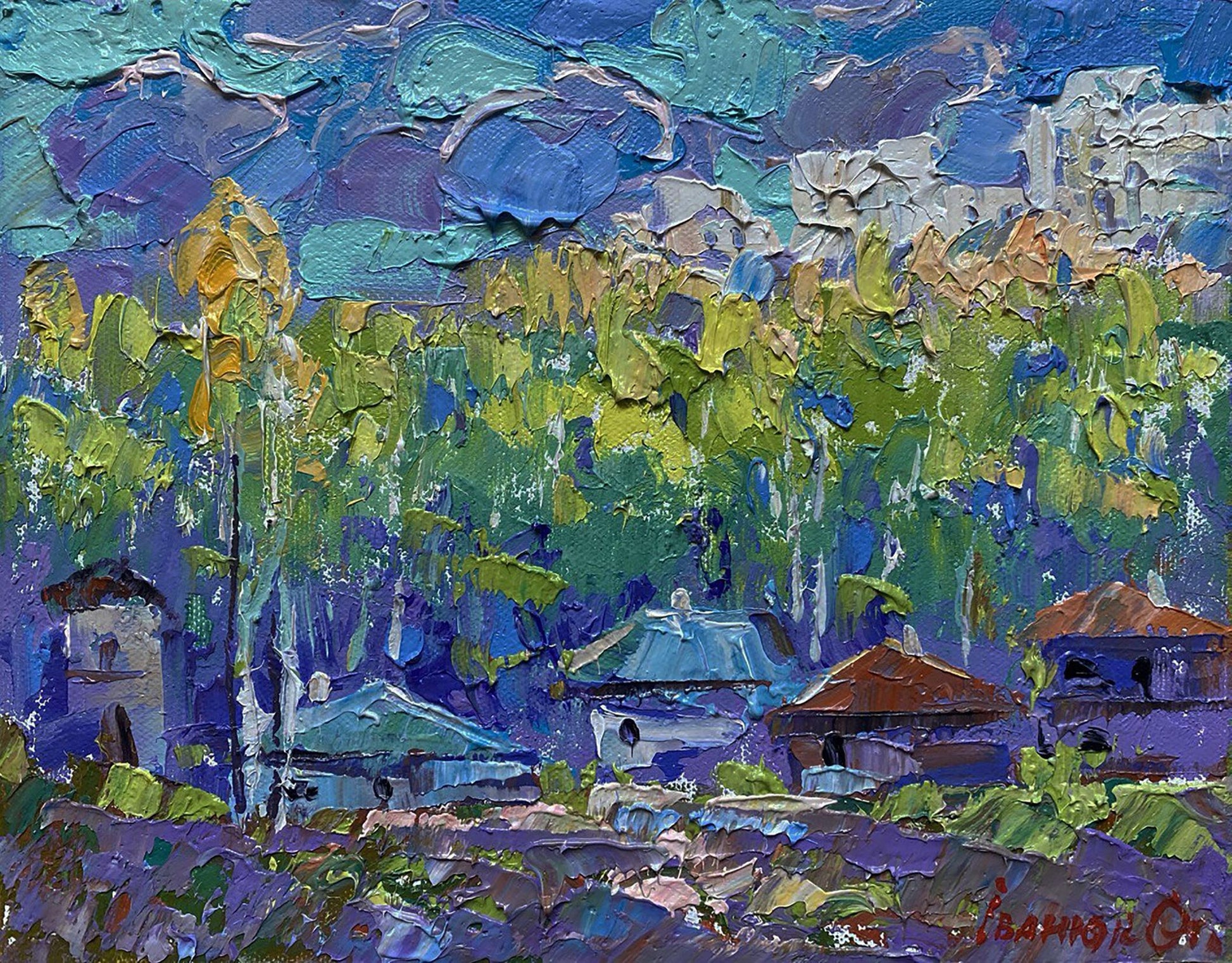 Vibrant impressionistic oil painting of warm summer morning village by Oleksiy Ivanyuk