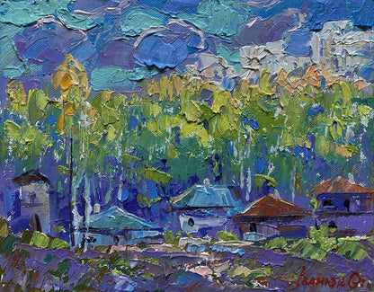 Vibrant impressionistic oil painting of warm summer morning village by Oleksiy Ivanyuk
