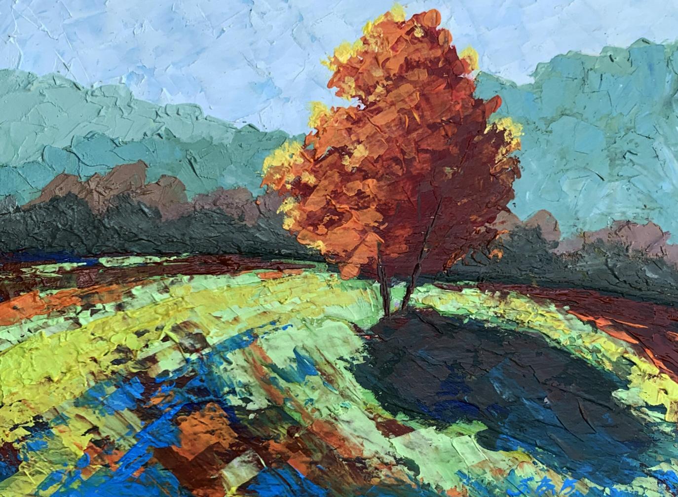 Vibrant autumn tree oil painting by V. Zadorozhnya in fiery orange foliage