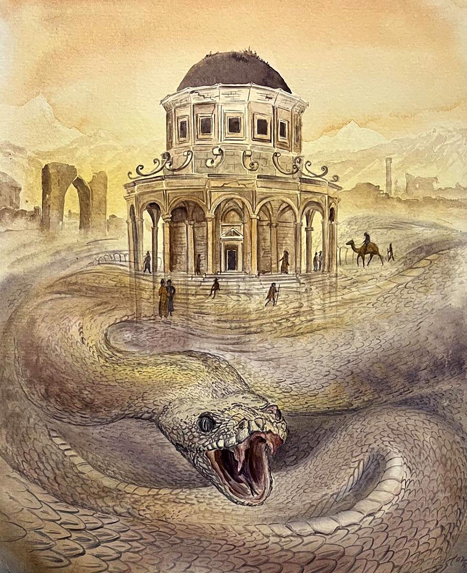 Watercolor painting The Gate of Paradise by Dmytro Startsev: coiled serpent around domed building