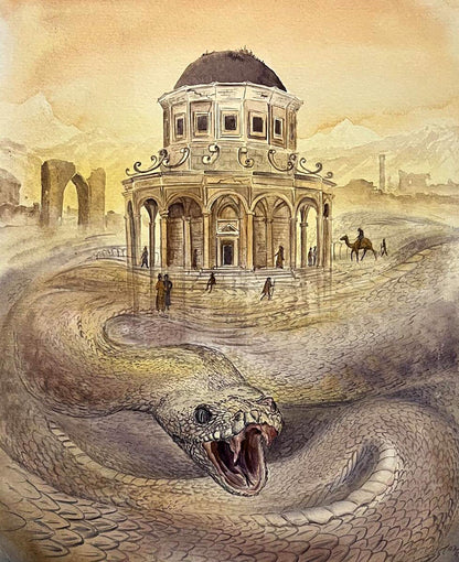 Watercolor painting The Gate of Paradise by Dmytro Startsev: coiled serpent around domed building