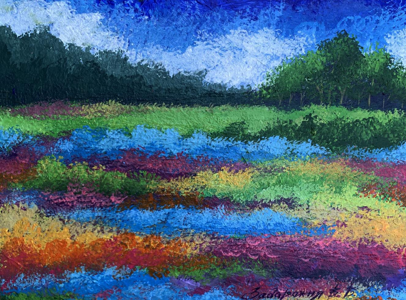 Vibrant impressionist oil painting Fields of flowers by V. Zadorozhnya