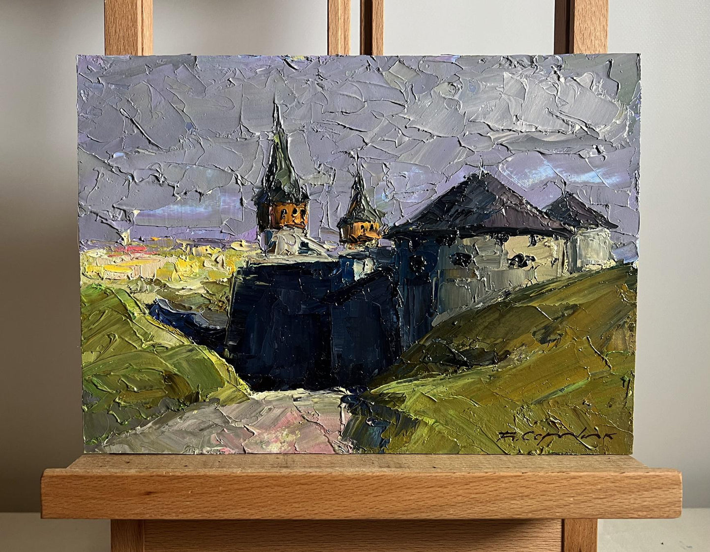 Textured impasto oil painting of Boris Serdyuk fortress on hill in purples and blues