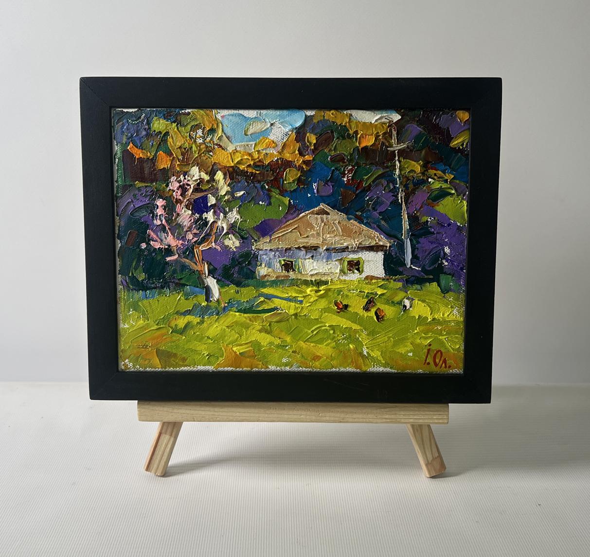 Oil painting The yard smells of fresh hay and silence by Oleksiy Ivanyuk in black frame