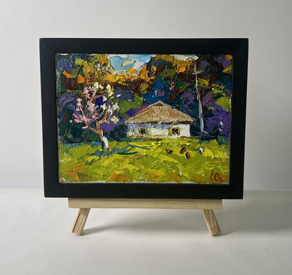 Oil painting The yard smells of fresh hay and silence by Oleksiy Ivanyuk in black frame