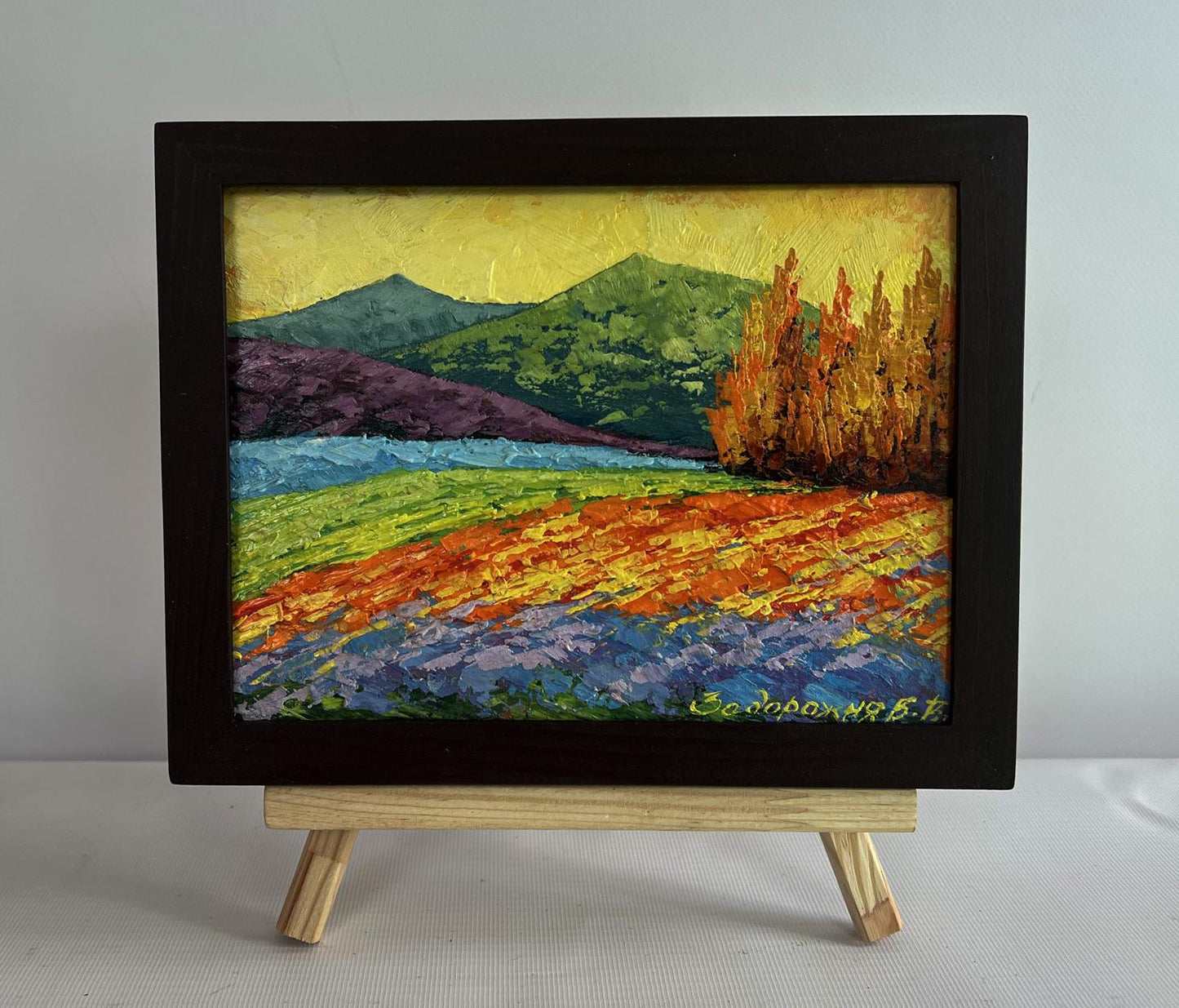 Oil painting Sunset tranquility of nature by V. Zadorozhnya in black frame