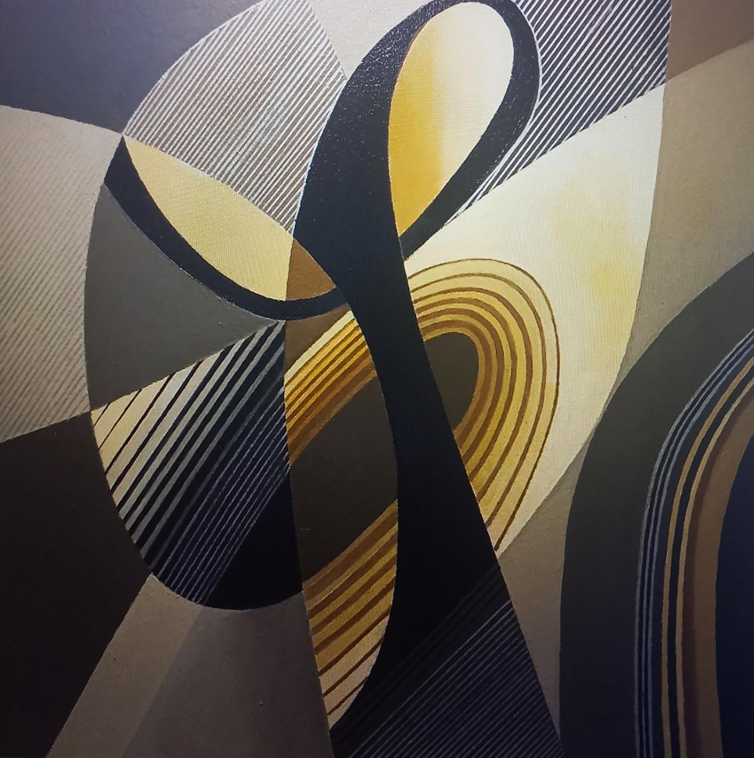 Oil painting Sign Alexander Strashevich: abstract geometric wall art in black, gold, beige stripes