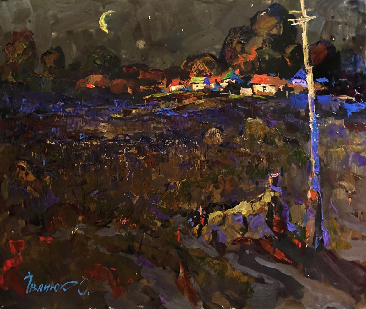 Vibrant Oleksiy Ivanyuk oil painting of moonlit village night
