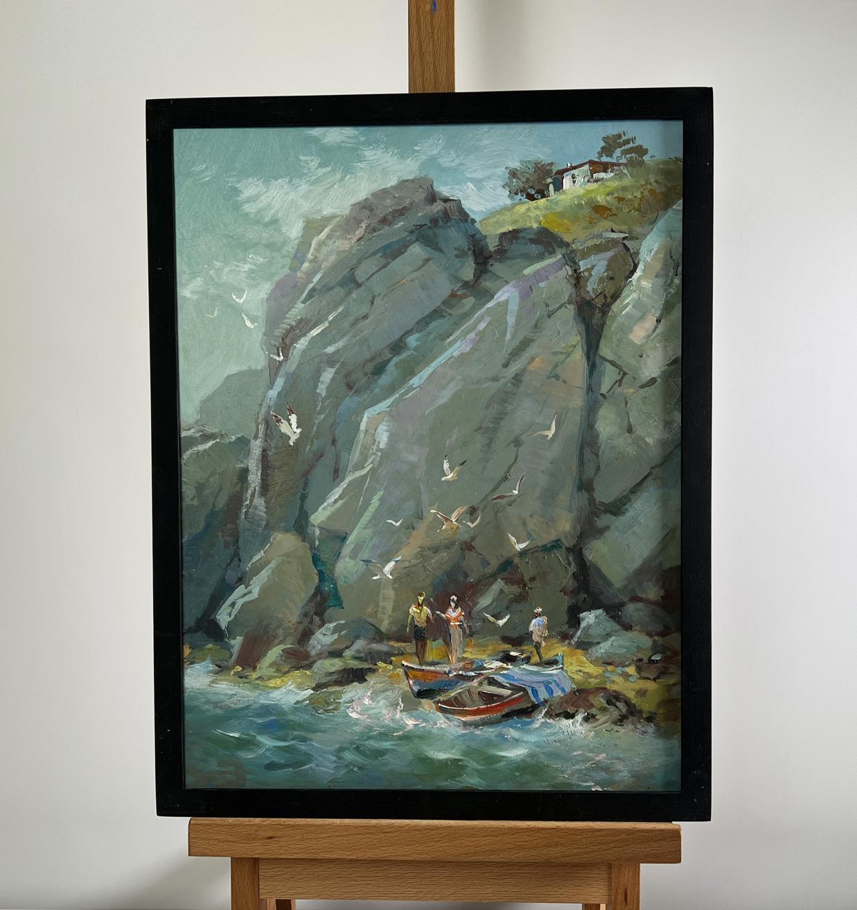 Framed oil painting Whisper of the Sea Waves by Yuriy Suprunchuk, coastal cliffs and boats