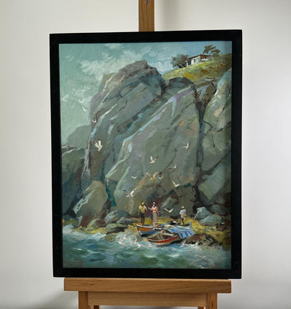 Framed oil painting Whisper of the Sea Waves by Yuriy Suprunchuk, coastal cliffs and boats