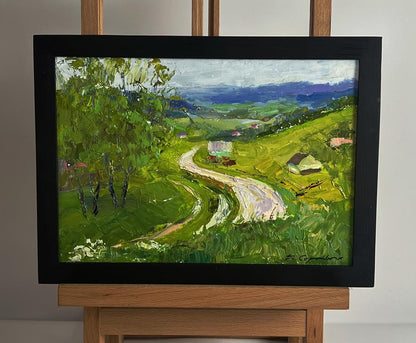 Oil painting A wavy road in the mountains by Boris Serdyuk in black frame