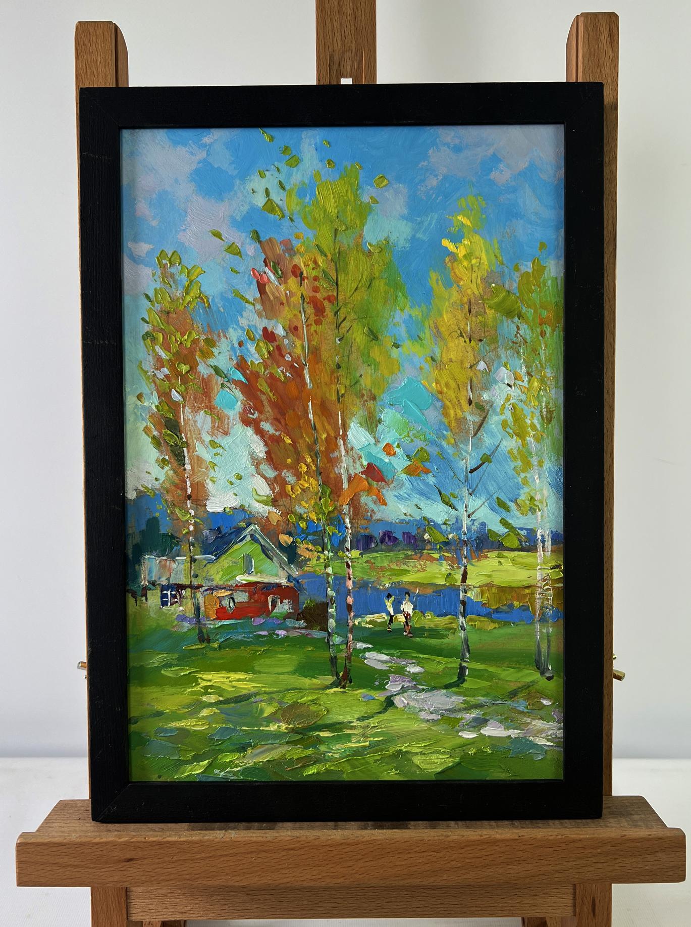 Vibrant impressionist oil painting of birch grove by Yuriy Suprunchuk framed in black