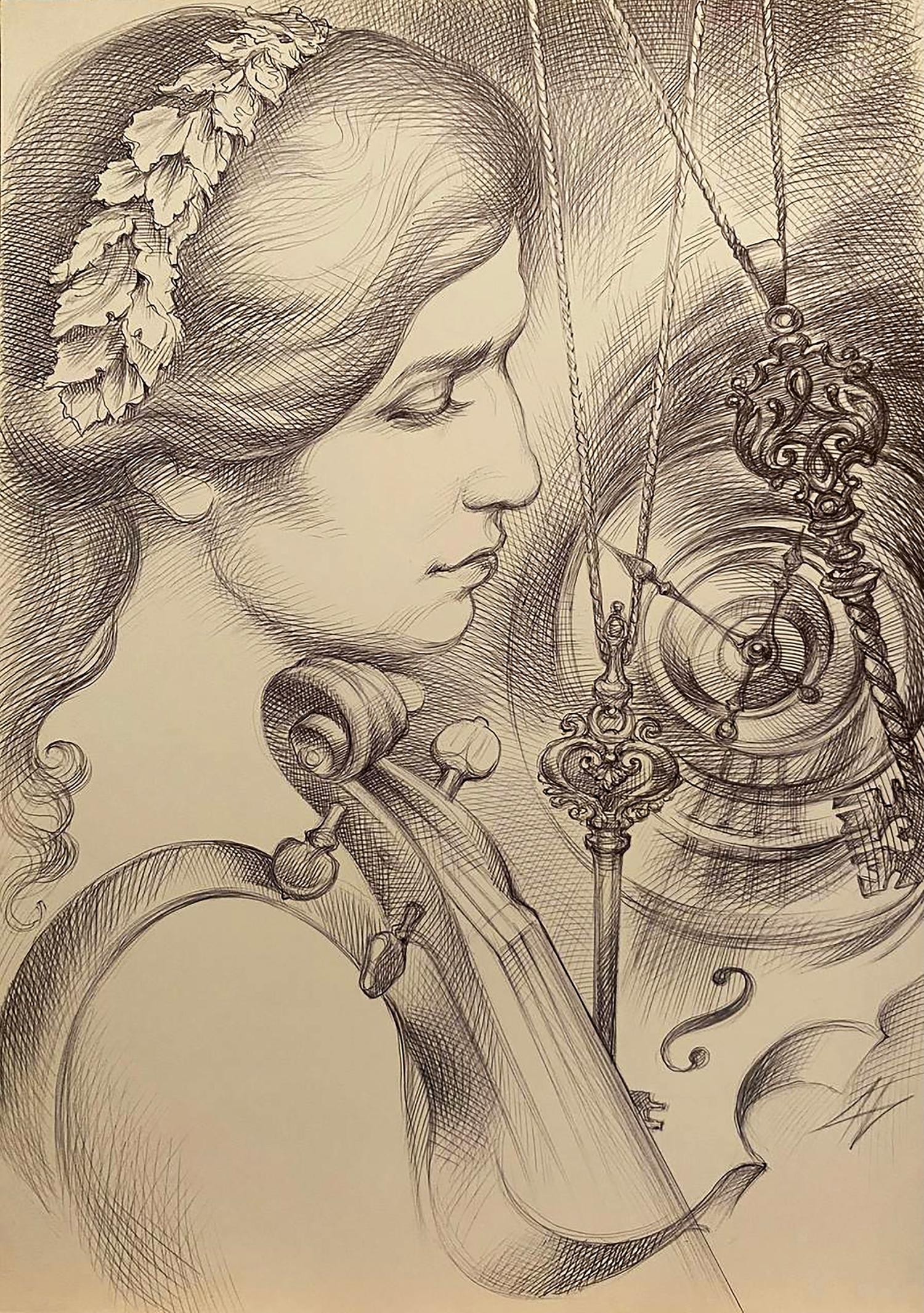 Detailed pencil sketch of Natalia Bulat woman with leaf headband holding violin