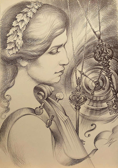 Detailed pencil sketch of Natalia Bulat woman with leaf headband holding violin
