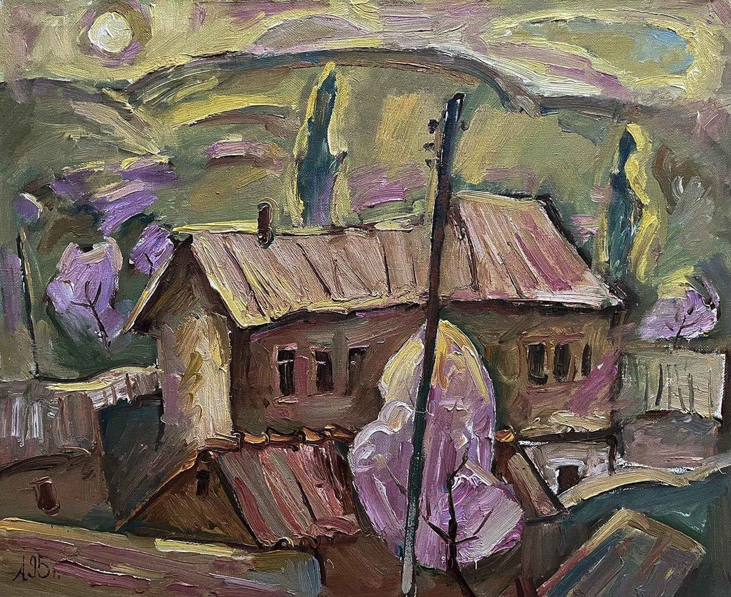 Impressionist oil painting Spring day Oleksandr Andreev rustic house purple trees