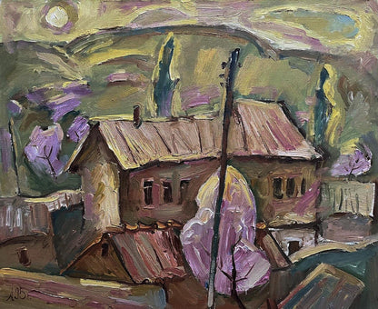 Impressionist oil painting Spring day Oleksandr Andreev rustic house purple trees