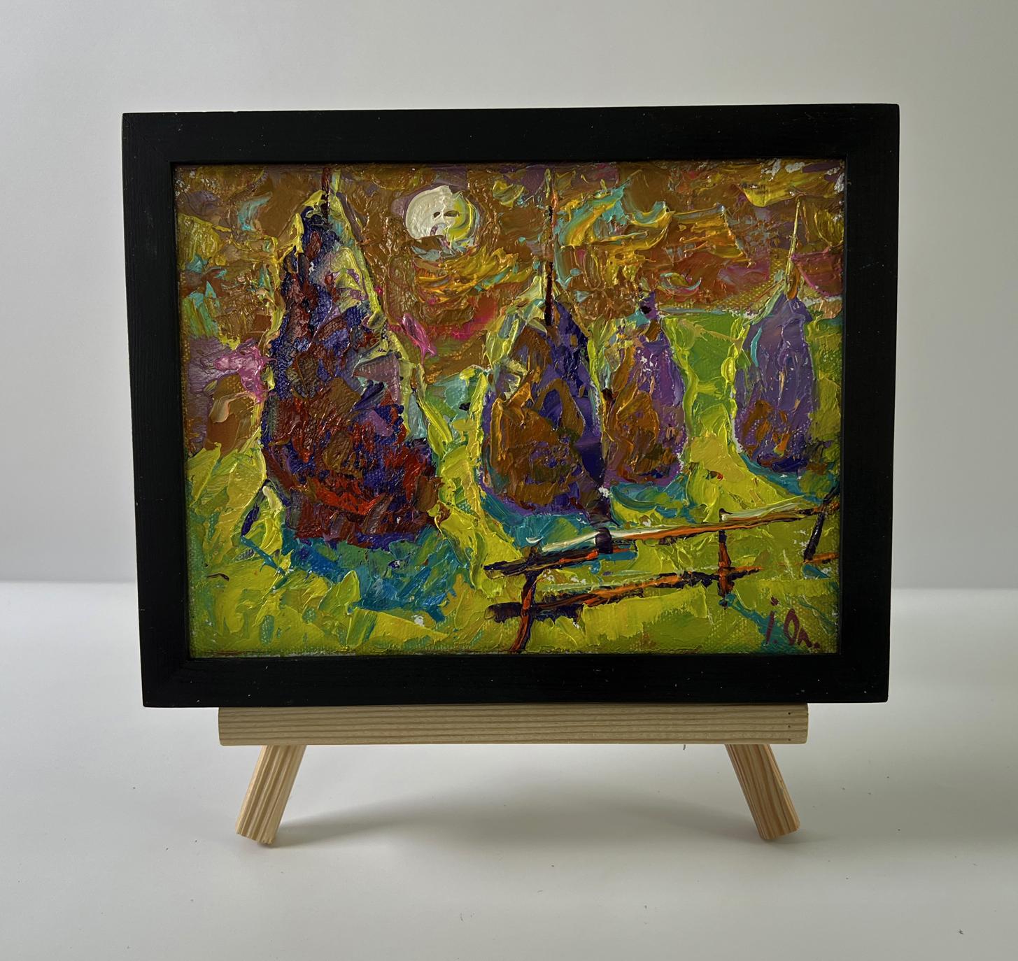 Oil painting Bright night over the field by Oleksiy Ivanyuk in black frame