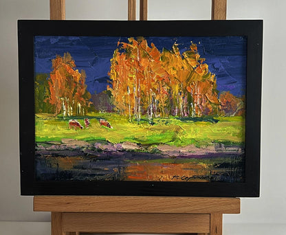 Oil painting Autumn on the shore river by Boris Serdyuk in black frame